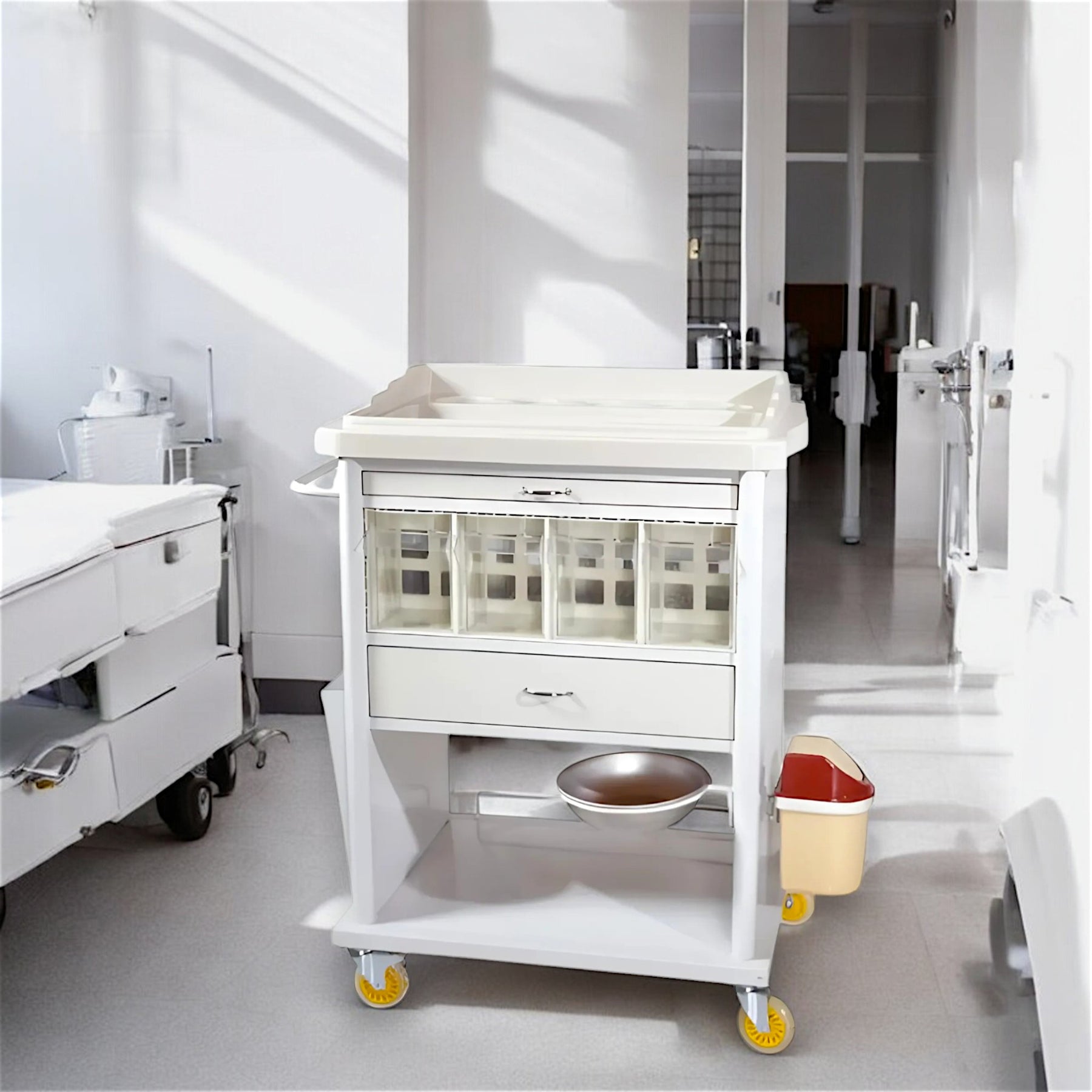 Tm-B 2026 Abs Tray Bottle Holder and Metal Handle Emergency and Medicine Cart (8 Compartments)