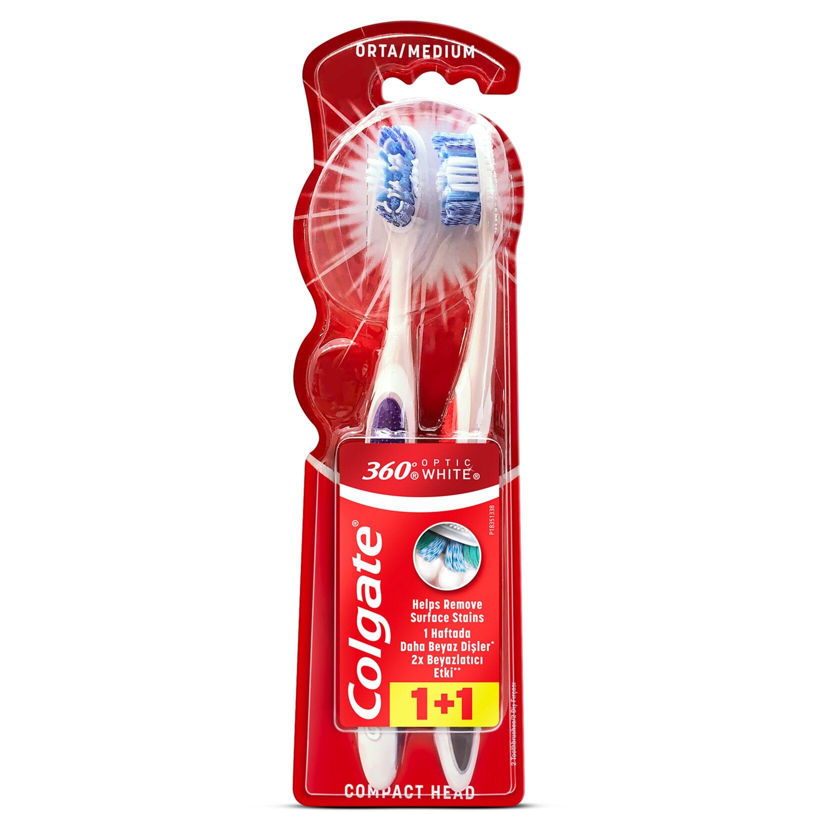 Colgate 360 Optik Beyaz Orta Beyazlatıcı Diş Fırçası 1+1