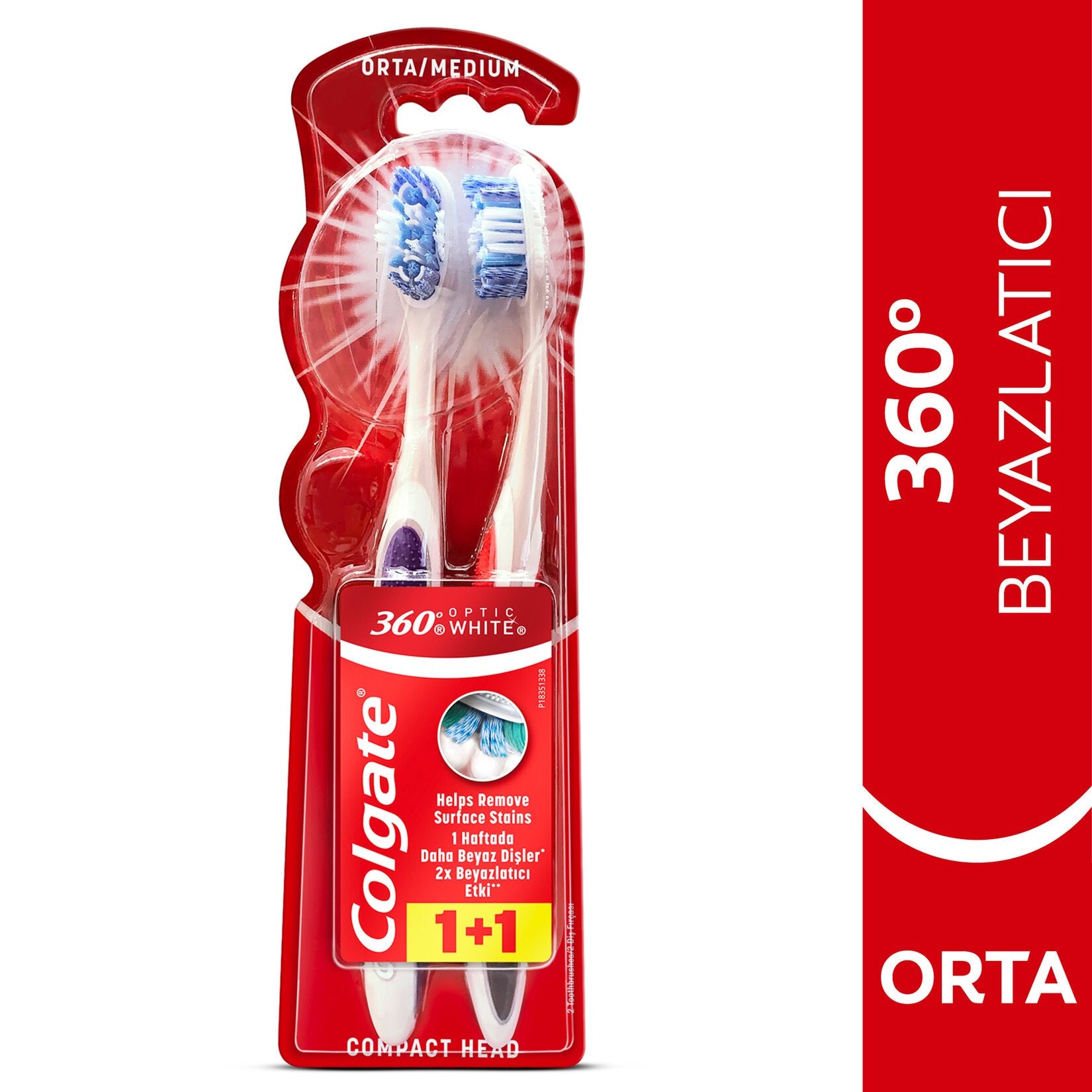 Colgate 360 Optik Beyaz Orta Beyazlatıcı Diş Fırçası 1+1